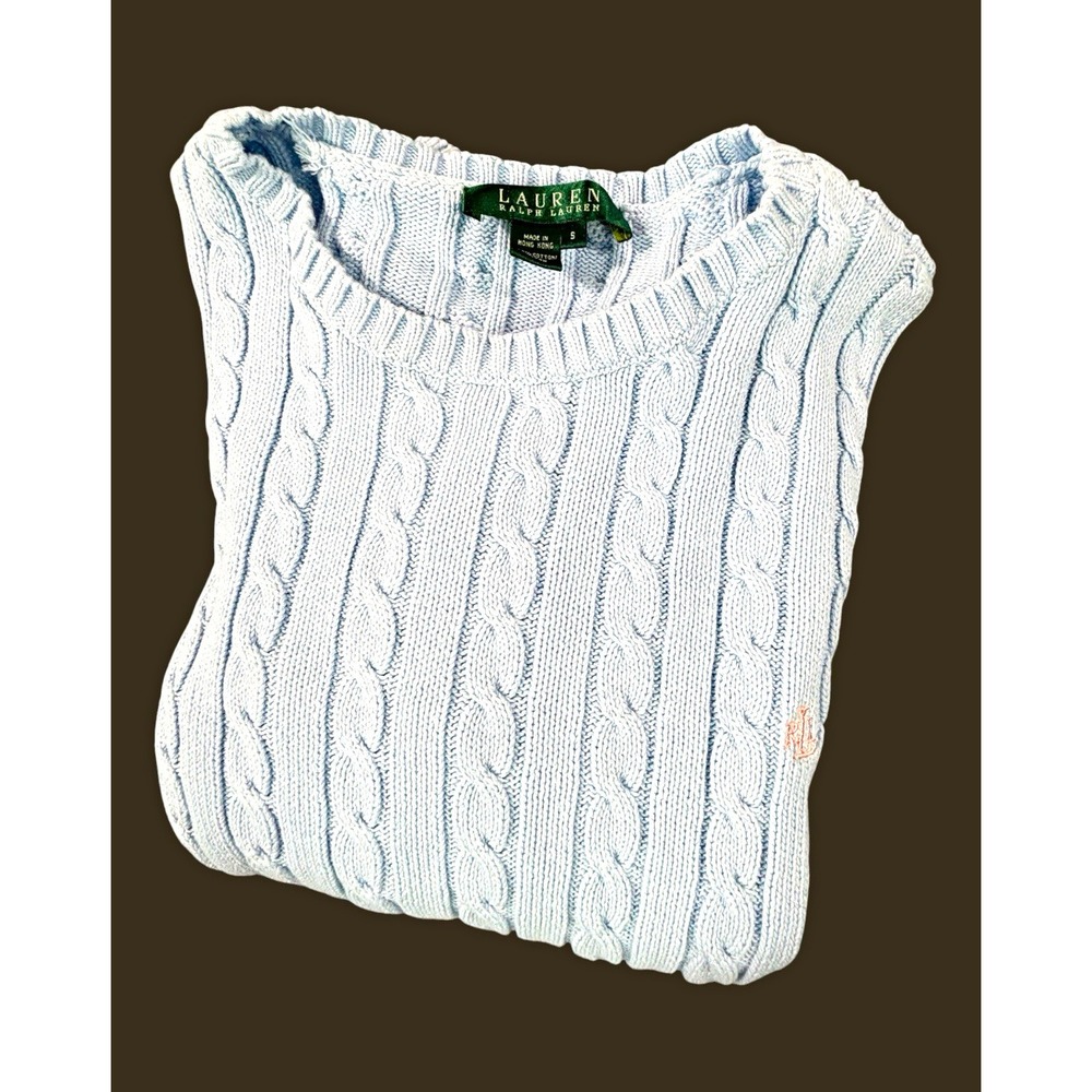 Lauren Ralph Lauren Light Blue Cable Knit Cotton Sweater Womens Small Pink Logo